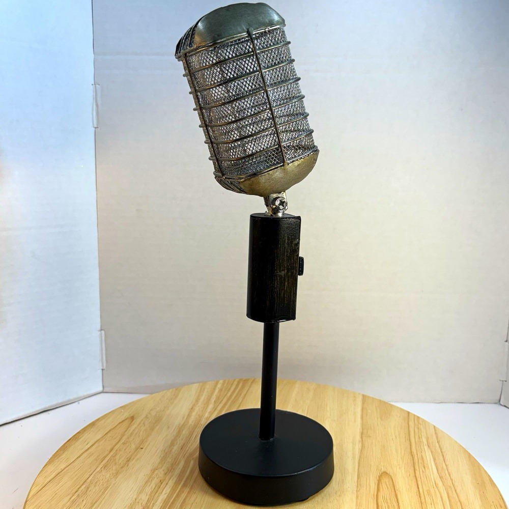 Vintage Microphone Metal Replica Figurine Decor Black Silver Music 13 Inch